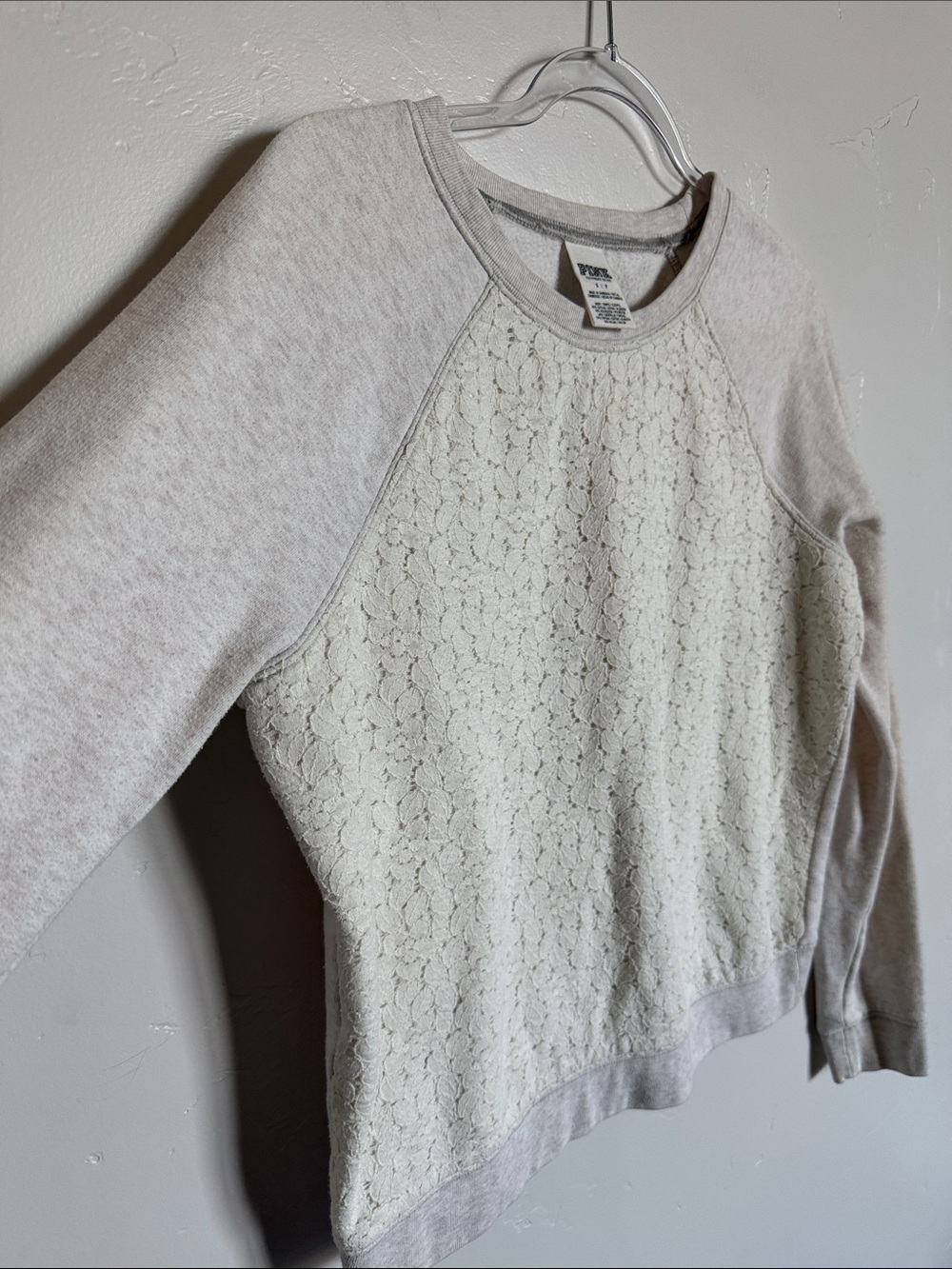 PINK Victoria's Secret Cream Lace-Front Crewneck Sweater - Picture 3 of 7
